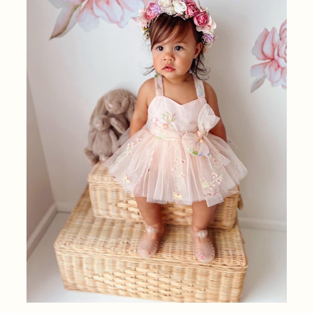 Beautiful floral tool romper dress birthday party or special occasion outfit